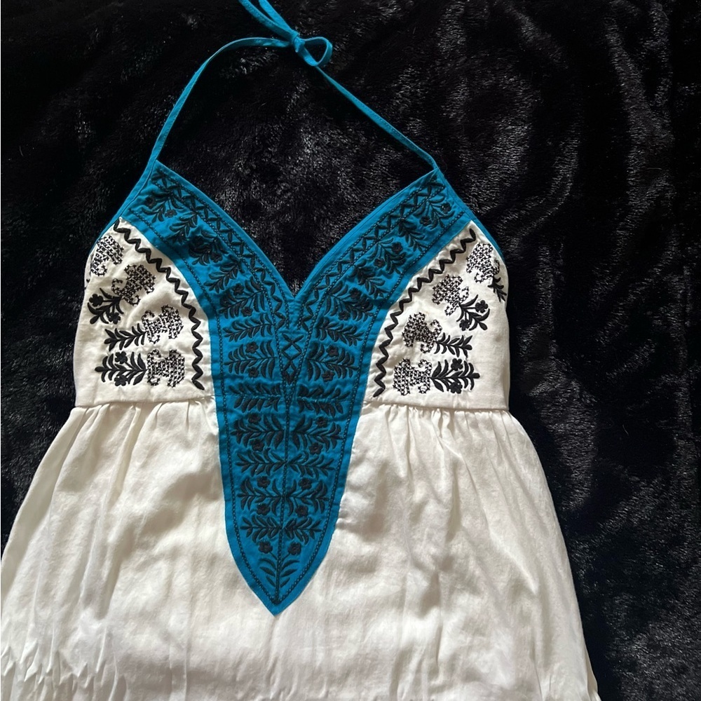 🔥3 for $25🔥 EUC- CUTE WHITE AND TEAL HALTER DRESS SZ S - Picture 4 of 7
